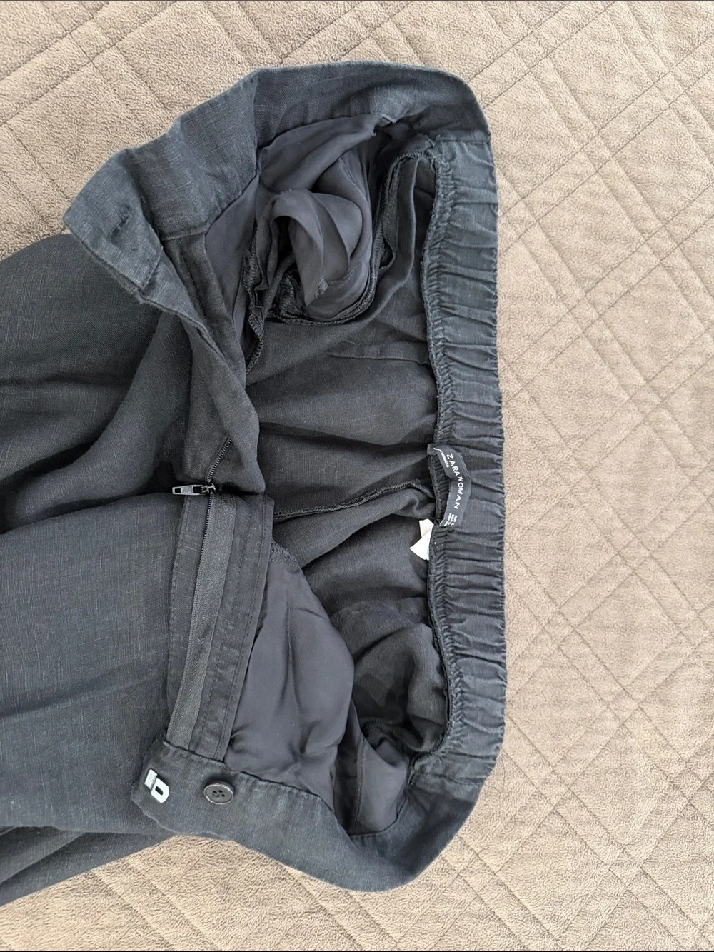 Zara Black Linen Trousers/Pants with Pom Trim size L